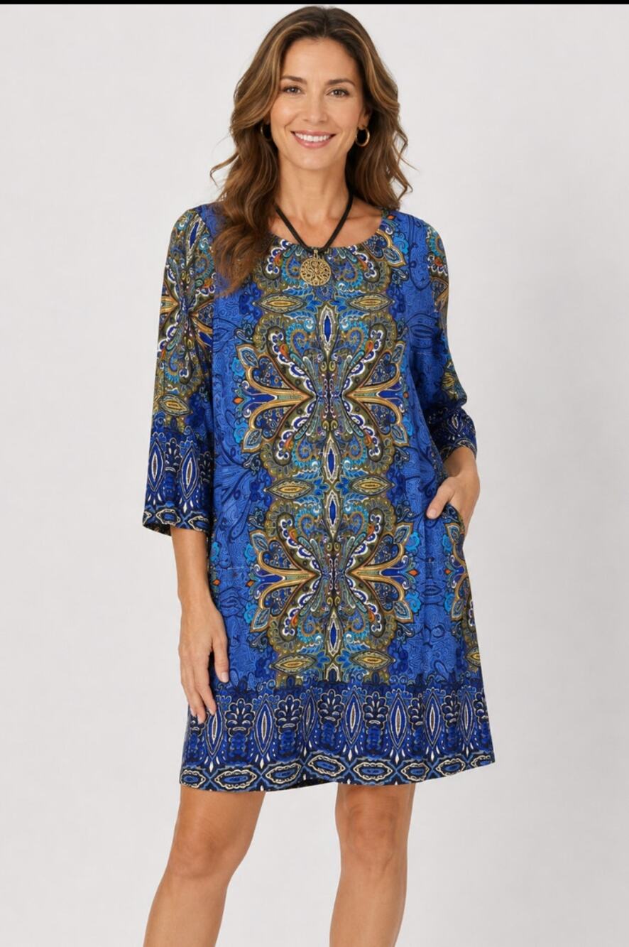 Sunny Leigh Medium Tribal Print Retro Resort. Relaxed Vacation Oasis Dress
